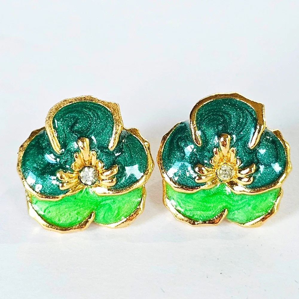 Vtg Pansy Flower‎ Stud Earrings Green Enamel Rhinestone Cottagecore Botanical